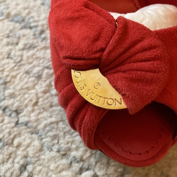 Louis Vuitton Red Suede Peep Toe Heels with Gold Emblem - Picture 3 of 8